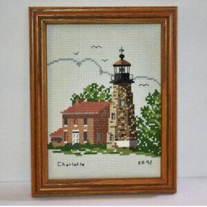 Vintage Framed Cross Stitch Charlotte Lighthouse Custom Frame Maker's Initials